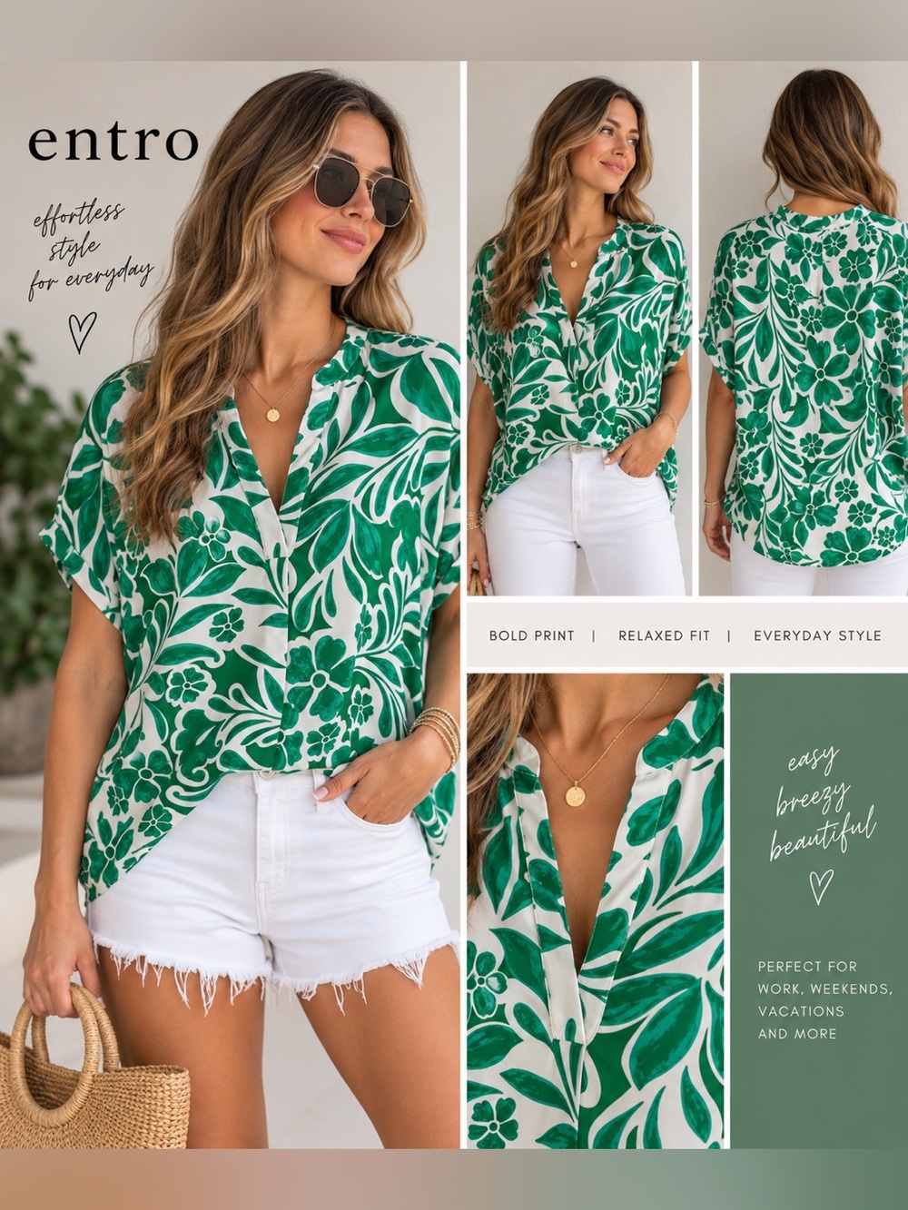 entro Green White Floral Tropical Print Blouse Women’s XL Oversized Dolman Top